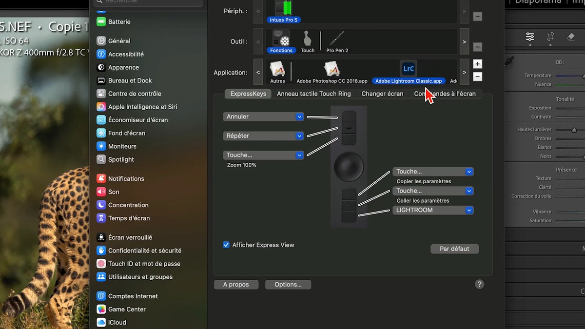 Configuration des ExpressKeys Wacom dans Adobe Lightroom Classic.
