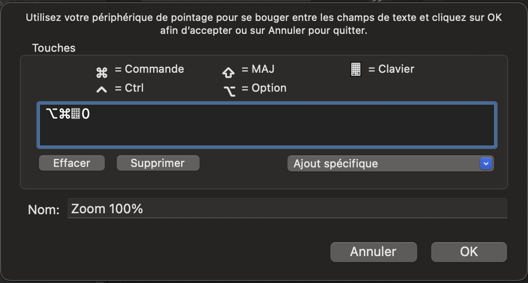 fenêtre de saisie d'un raccourci clavier dans le panneau de configuration