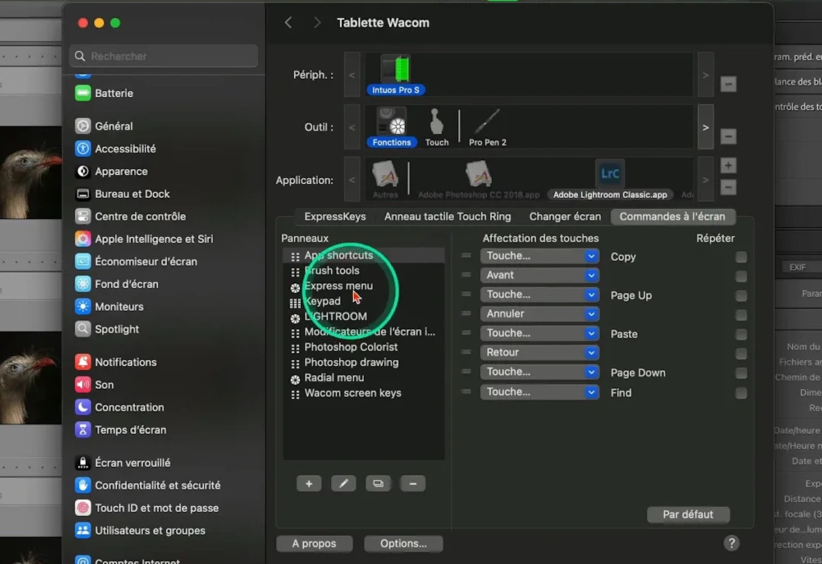Menu de configuration des ExpressKeys avec liste de fonctions Lightroom.