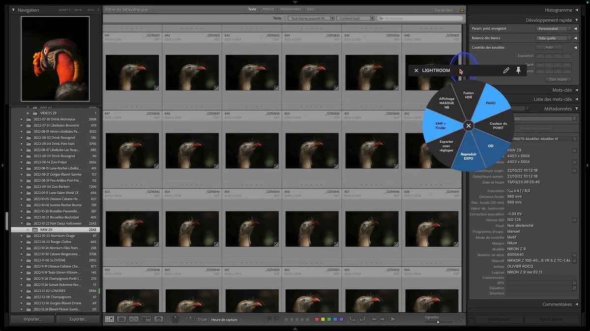 Utilisation du menu radial Lightroom dans le module Bibliothèque.