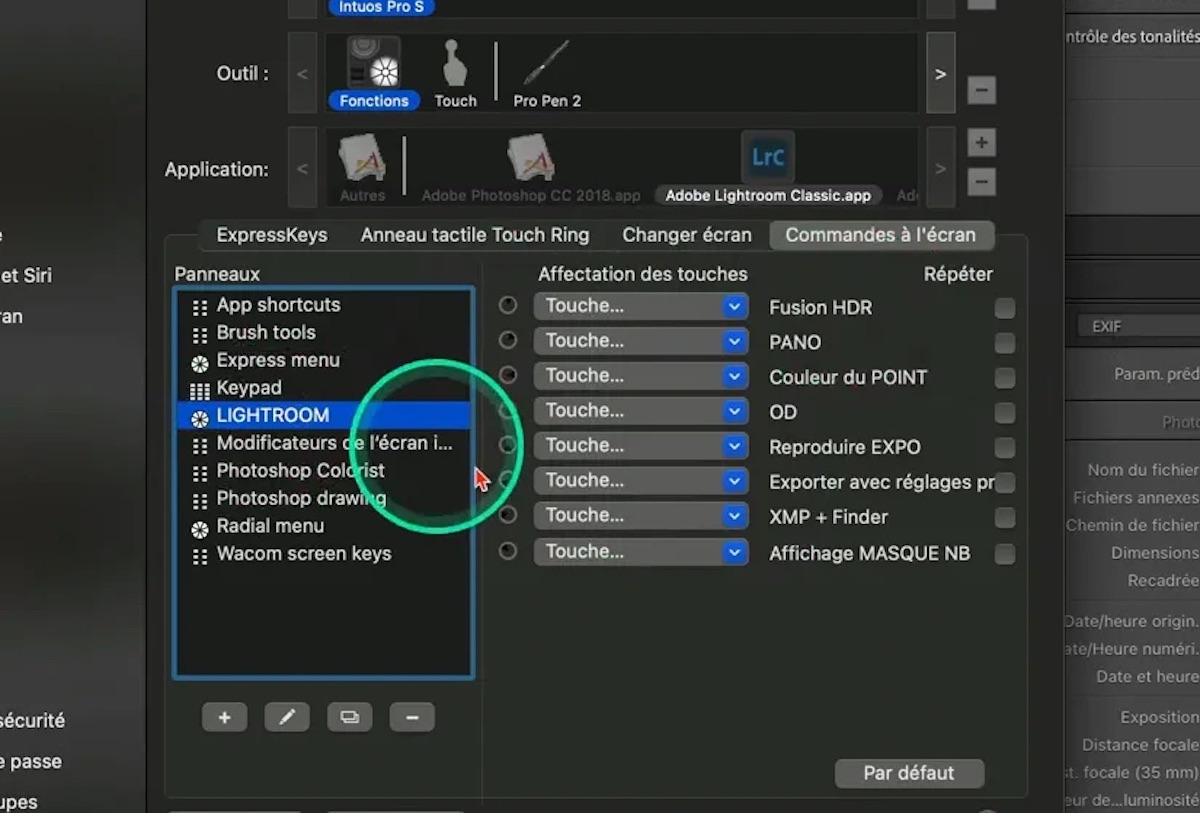 Modification d’une commande du menu radial Wacom dans Lightroom.