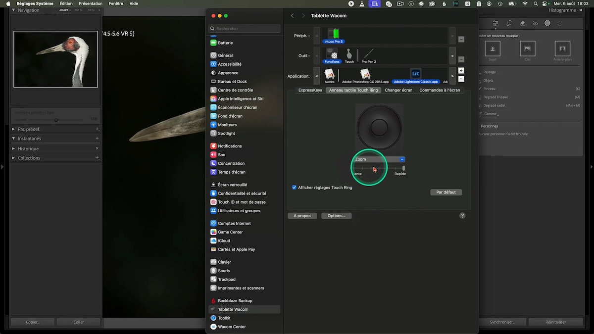 Réglage de l’anneau tactile Wacom pour le zoom dans Lightroom.