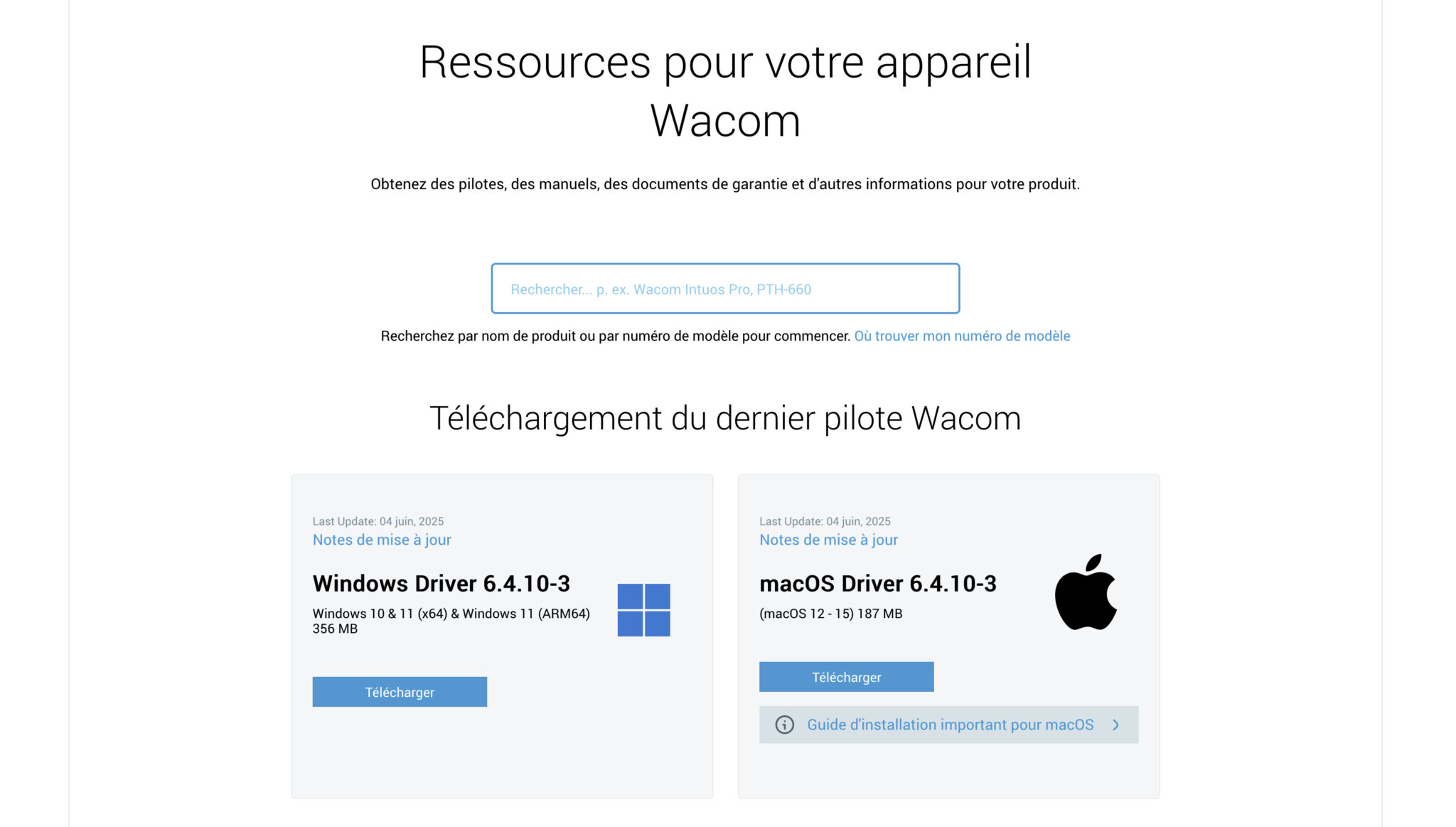 Téléchargement du pilote Wacom sur le site officiel
