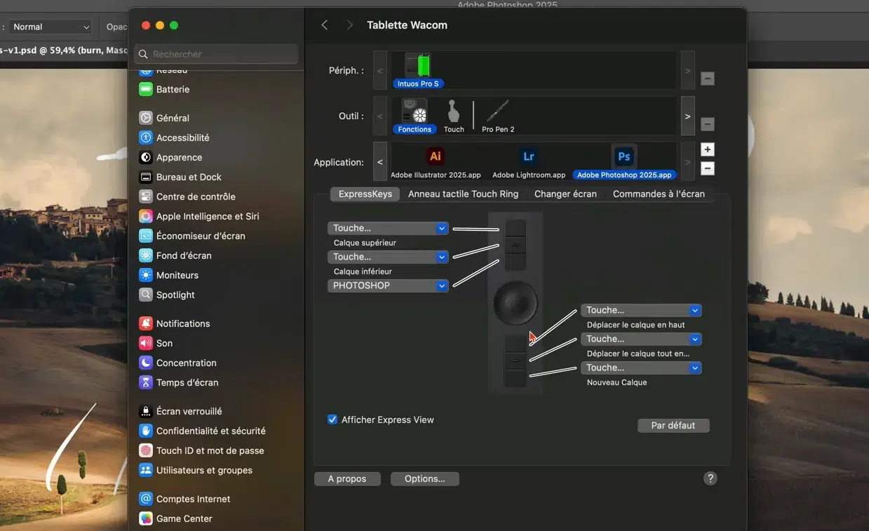 Configuration des ExpressKeys sur une tablette Wacom pour Photoshop.