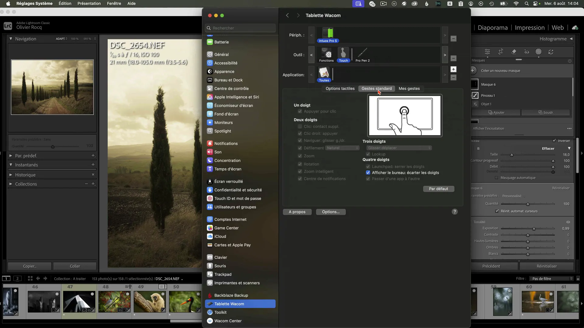 Utilisation des gestes avec le mode tactile de la tablette Wacom