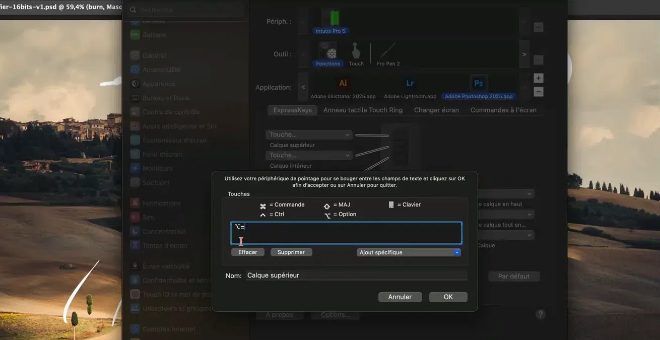 Attribution d’un raccourci clavier personnalisé à une touche de la tablette.
