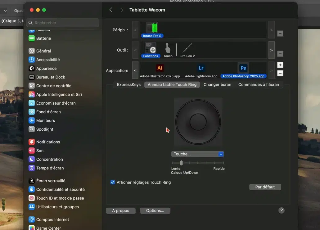 Configuration de l’anneau tactile sur une tablette Wacom.