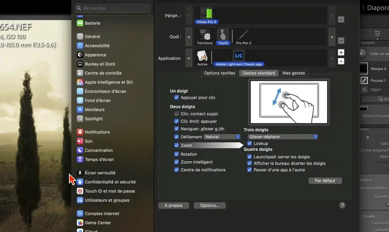 Gestes tactiles configurables sur tablette Wacom