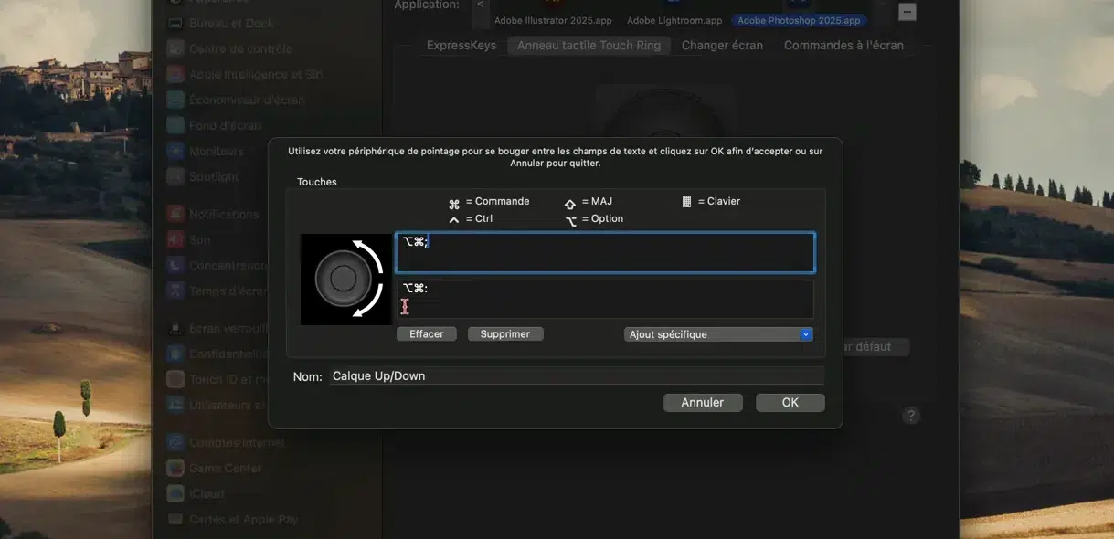 Réglage du Touch Ring Wacom pour déplacer un calque vers le haut ou le bas.