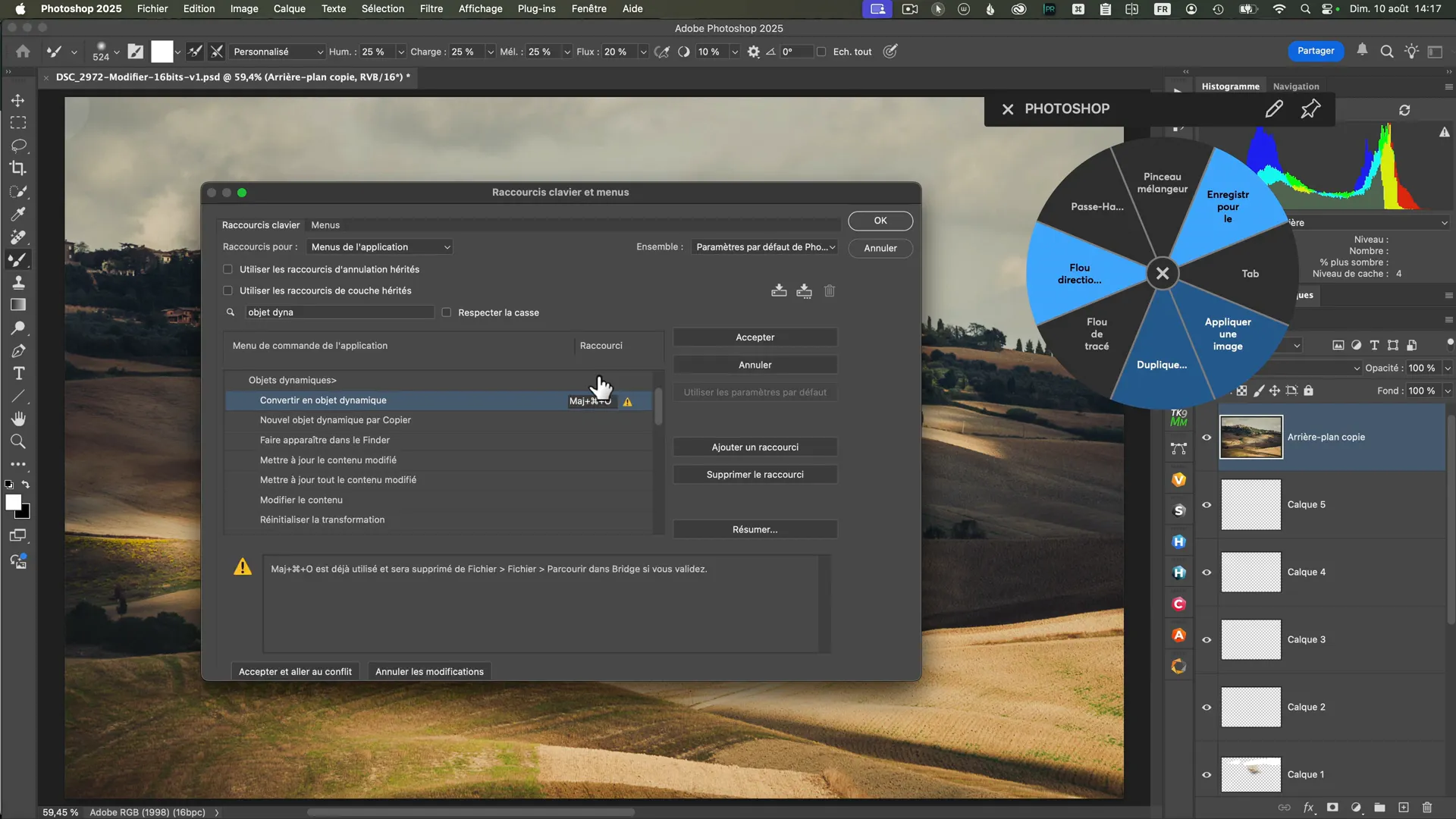 Fenêtre des raccourcis clavier de Photoshop avec ajout d’un raccourci pour convertir en objet dynamique.