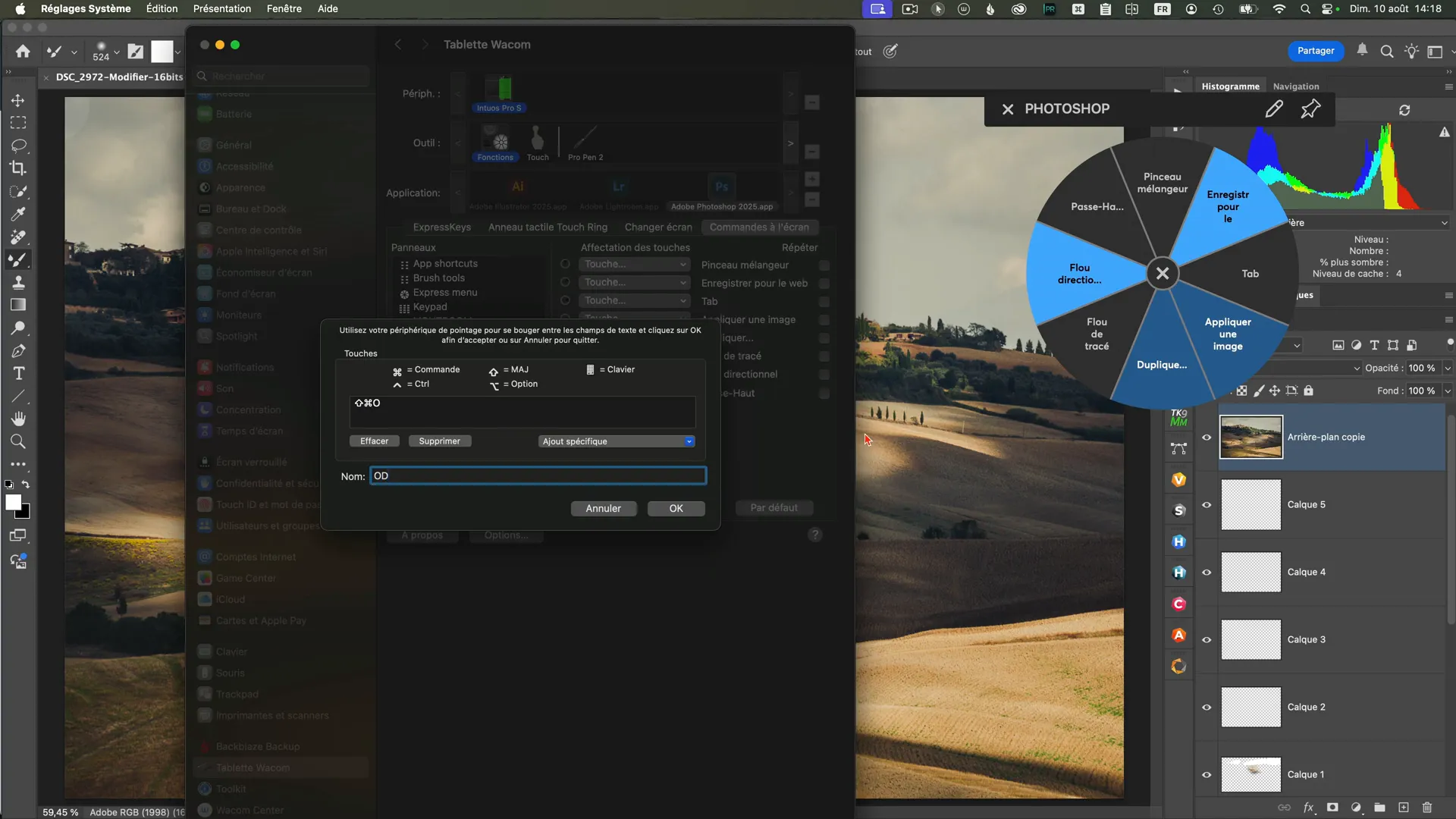 Interface Wacom affichant l’affectation d’un raccourci personnalisé dans le menu radial.