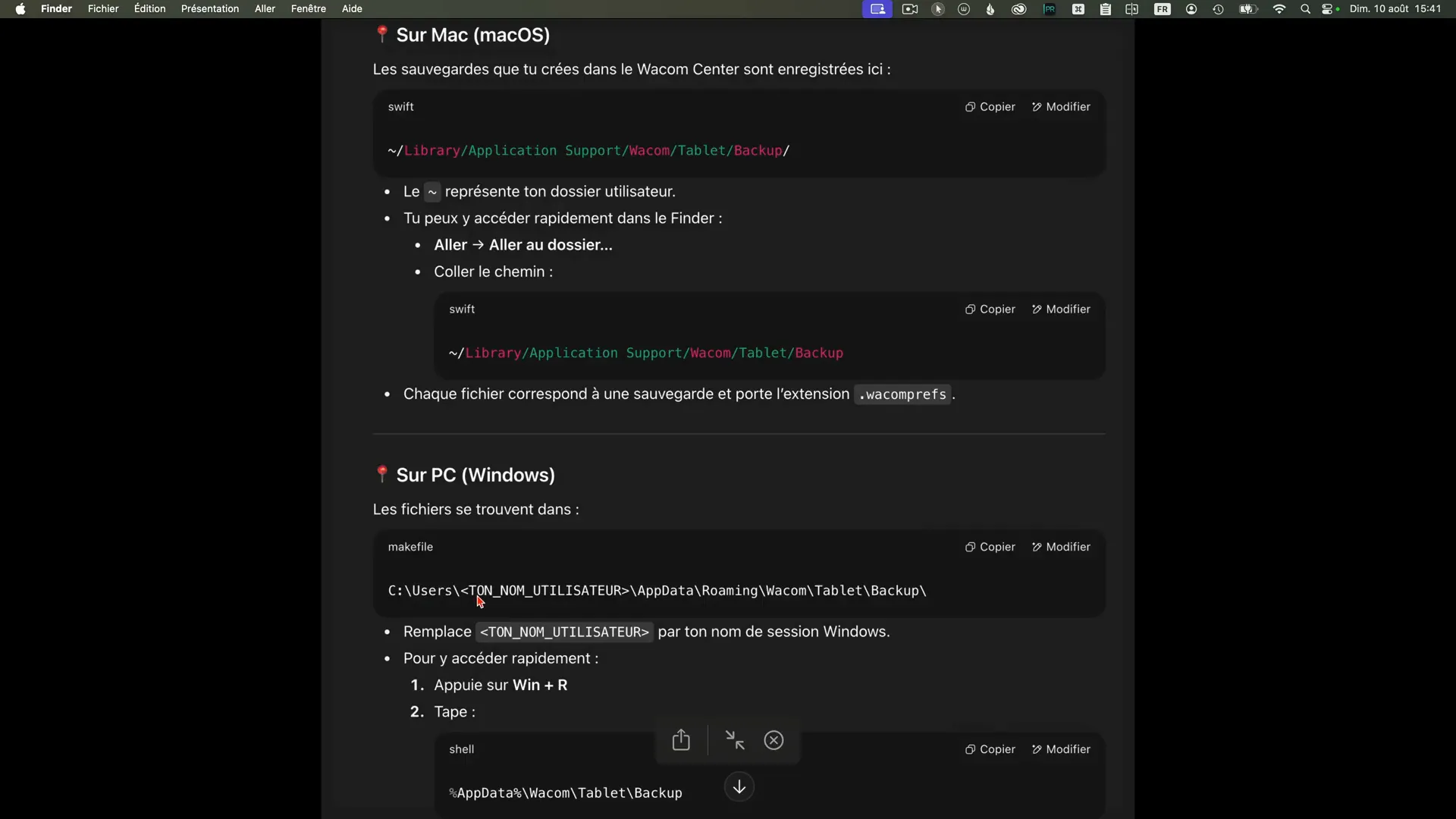 Chemins d’accès des fichiers de sauvegarde Wacom sur macOS et Windows.