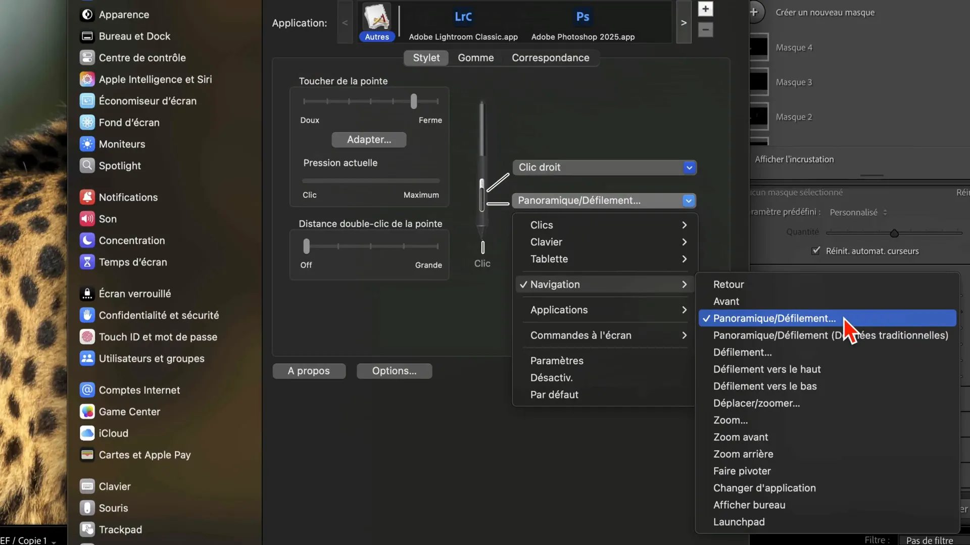 Affecter le panoramique au bouton inférieur du stylet