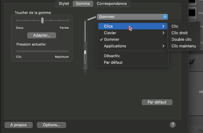 Réglage de la gomme du stylet Wacom