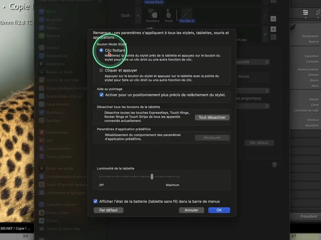 Réglage du clic flottant sur le stylet Wacom