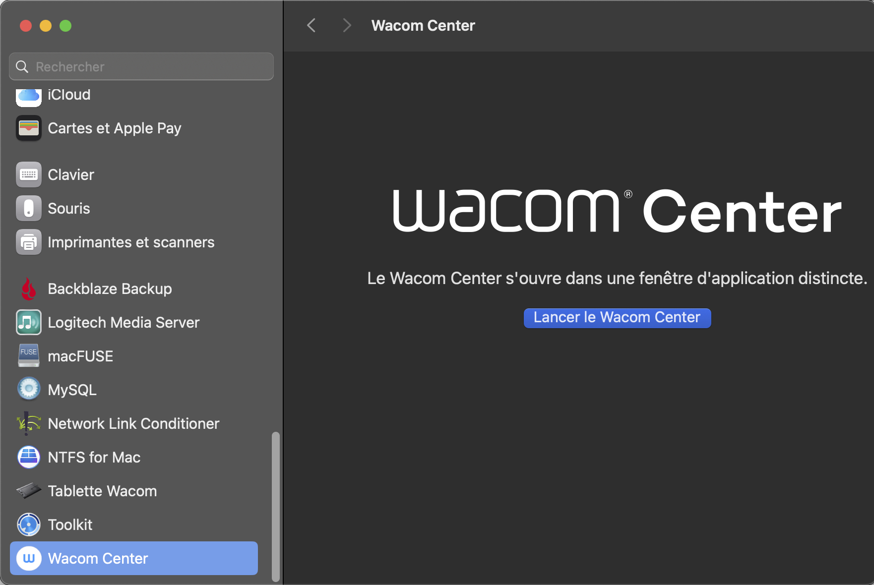 Ouvrir et lancer le Wacom Center sur Mac