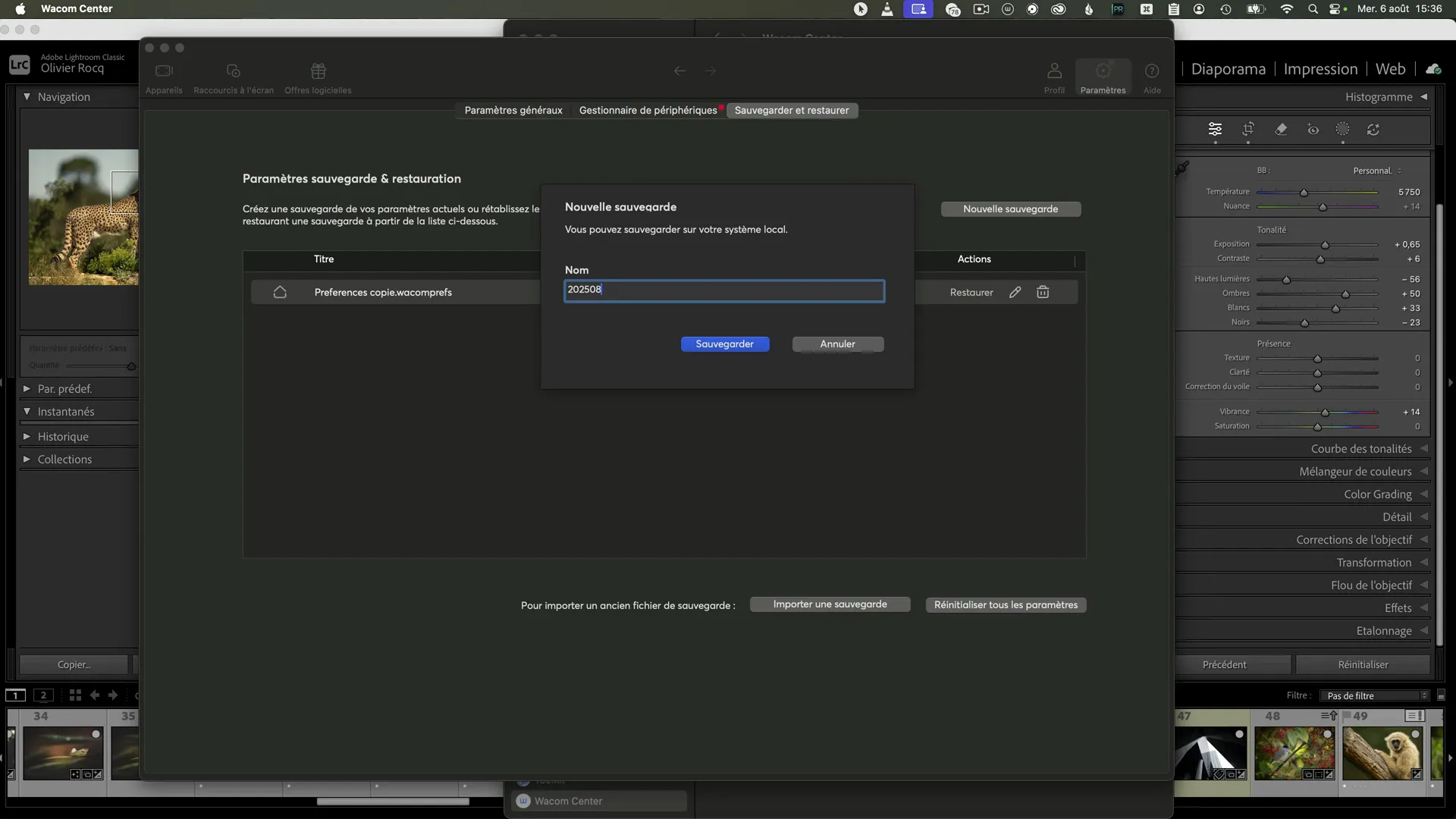 Créer une sauvegarde des paramètres Wacom Center