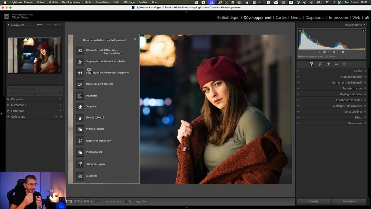 Liste affichée dans Lightroom Classic avec l’ordre des opérations IA