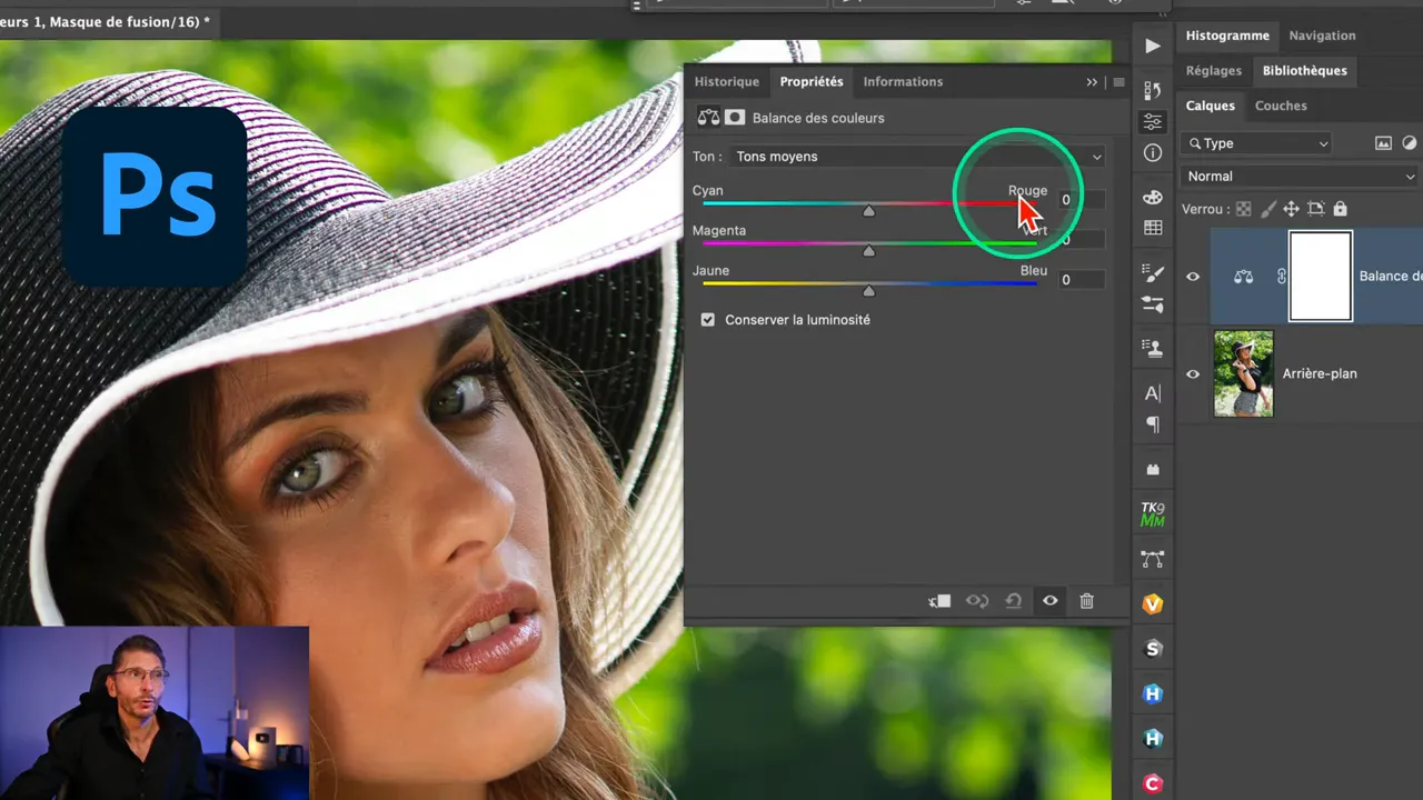Interface de Photoshop Beta affichant le calque « Couleur et vibrance » avec les curseurs balance des blancs, température et teinte.