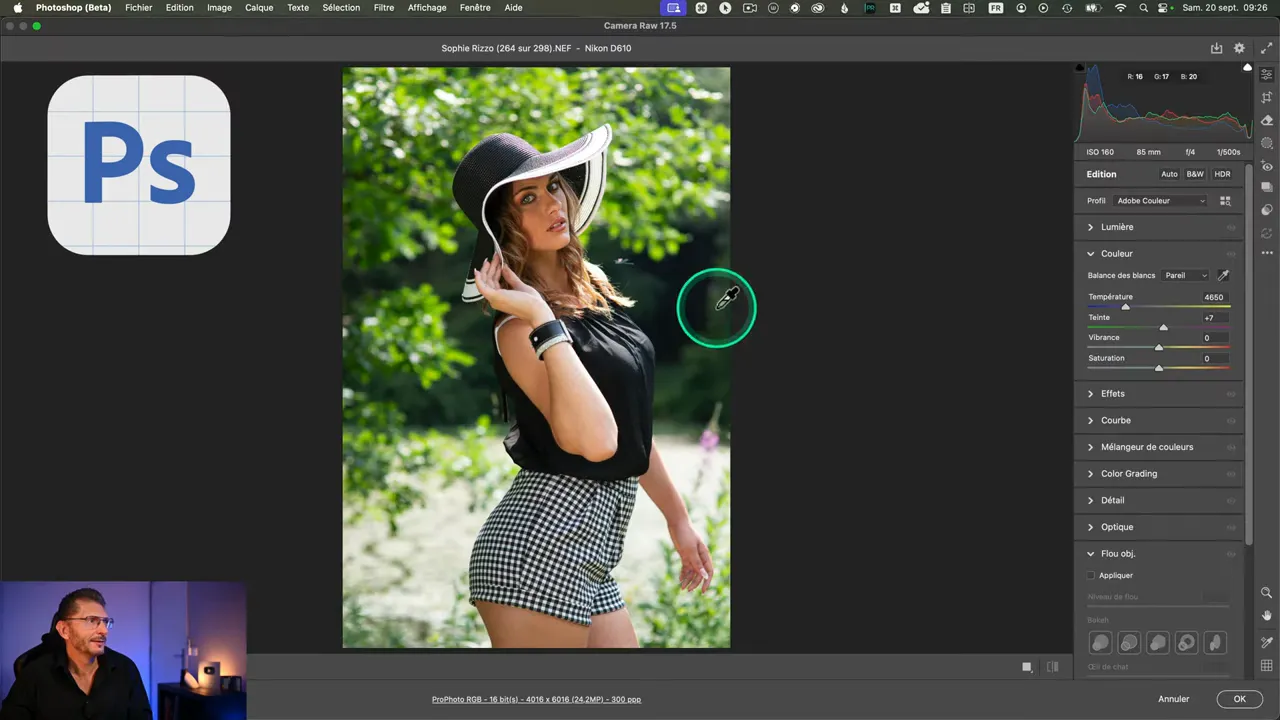 Capture de portrait ouvert dans Photoshop Beta avec application du curseur balance des blancs.