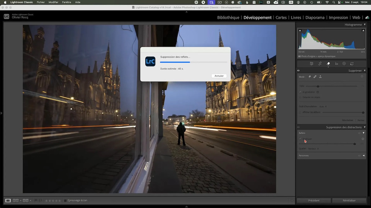 Capture Lightroom affichant processus suppression des reflets