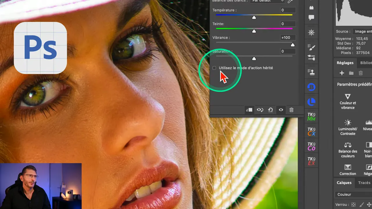 Interface de Photoshop Beta affichant l’option « Utiliser le mode d’action hérité ».