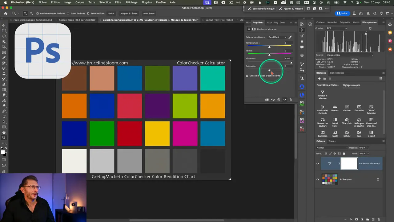 Charte ColorChecker affichée dans Photoshop Beta avec vibrance et saturation appliquées.