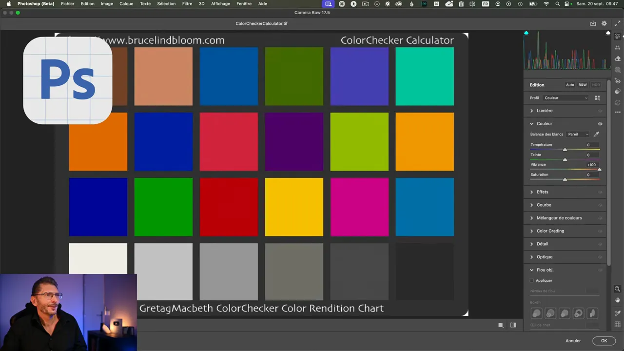 Charte ColorChecker ouverte dans Camera Raw avec curseurs vibrance et saturation réglés.