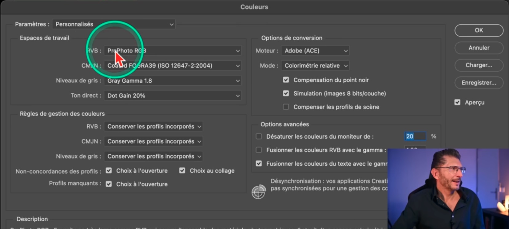 Fenêtre Paramètres de couleur Photoshop affichant les espaces RVB, CMJN et les options de gestion des profils