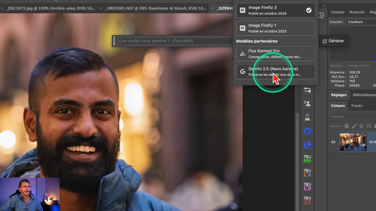 Capture du menu Photoshop affichant trois modèles IA génératifs.