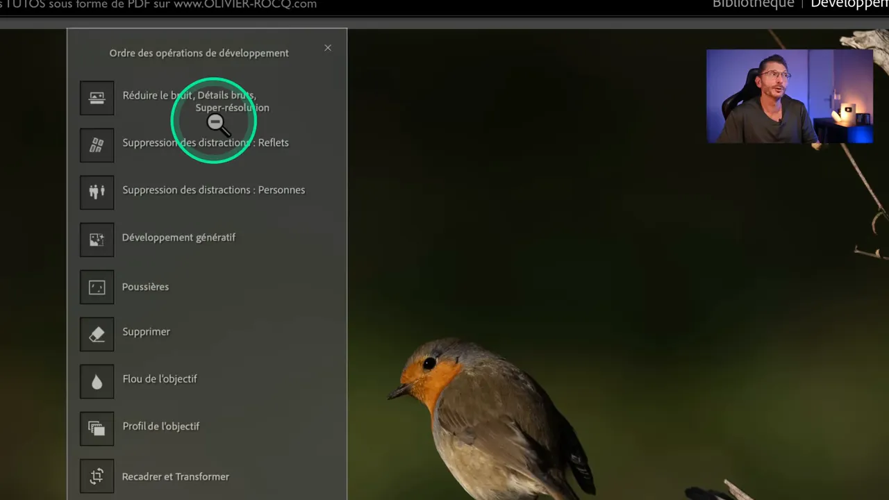 Liste des opérations de développement dans Lightroom avec la mention Super Résolution.
