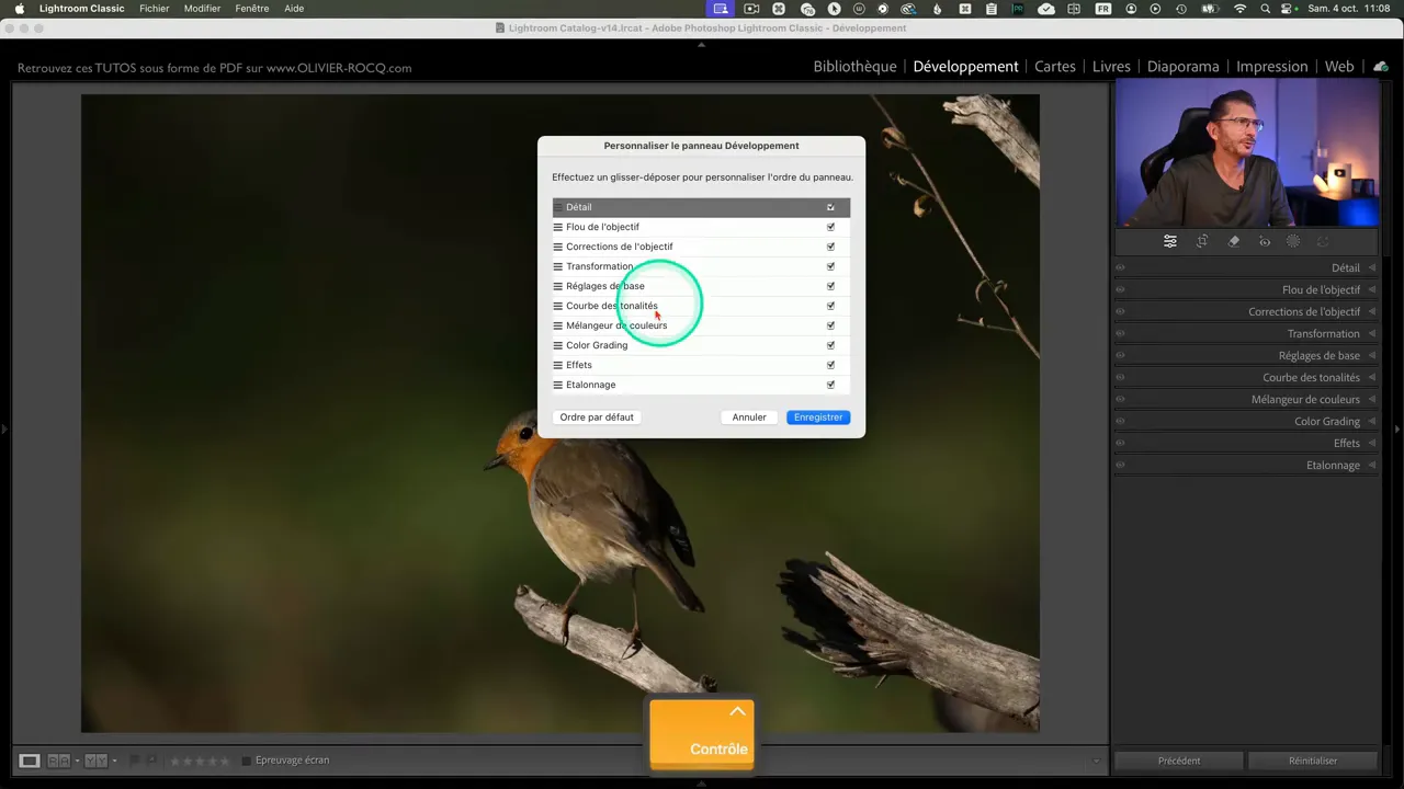 Fenêtre Lightroom pour organiser les modules du panneau Développement.