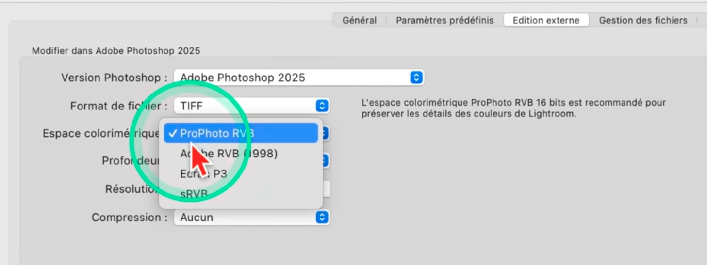 Préférences d’édition externe de Lightroom Classic montrant le choix de l’espace colorimétrique