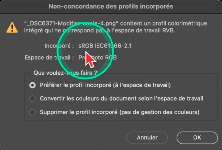 Boîte de dialogue de non-concordance de profils dans Photoshop
