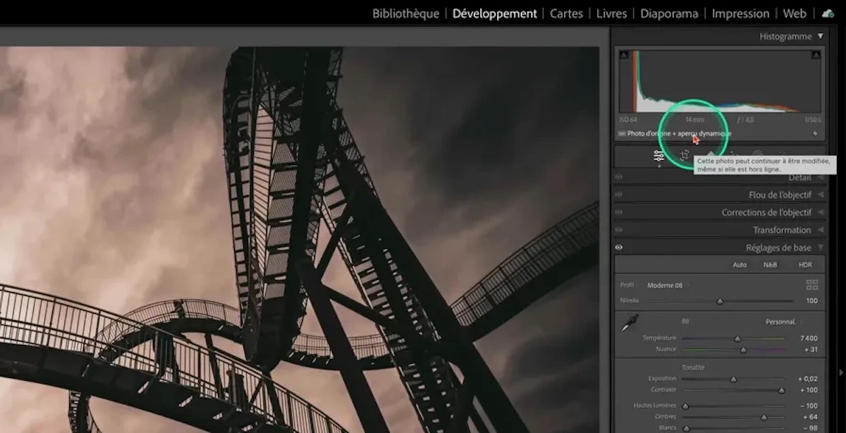 Affichage de l’état “photo d’origine + aperçu dynamique” dans Lightroom Classic