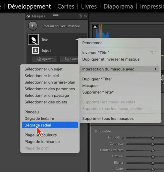 Menu contextuel Lightroom affichant l’option d’intersection de masque.