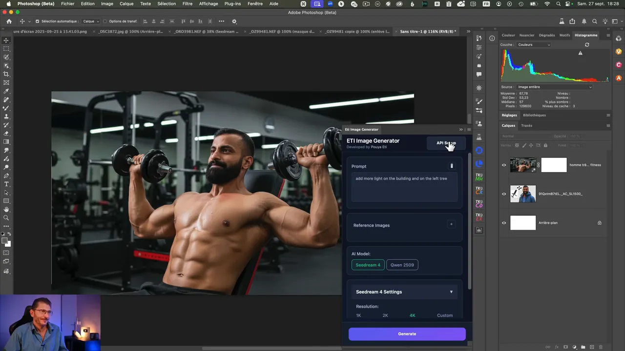 Homme musclé utilisant le plugin Seedream dans Photoshop pour éditer une image