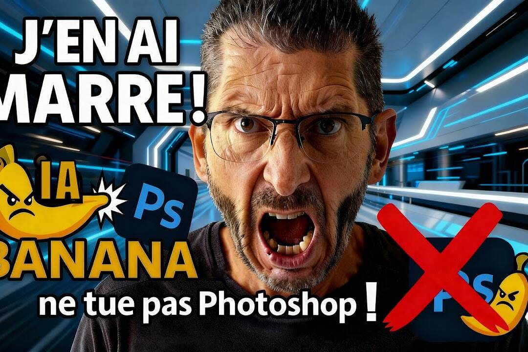 Miniature vidéo YouTube avec un homme criant et des logos de Photoshop et IA Banana