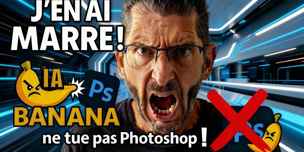 Miniature vidéo YouTube avec un homme criant et des logos de Photoshop et IA Banana