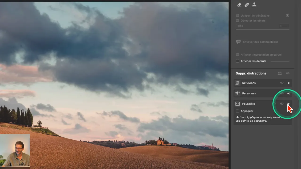 Interface de Camera Raw avec le panneau de suppression des distractions activé sur la poussière.