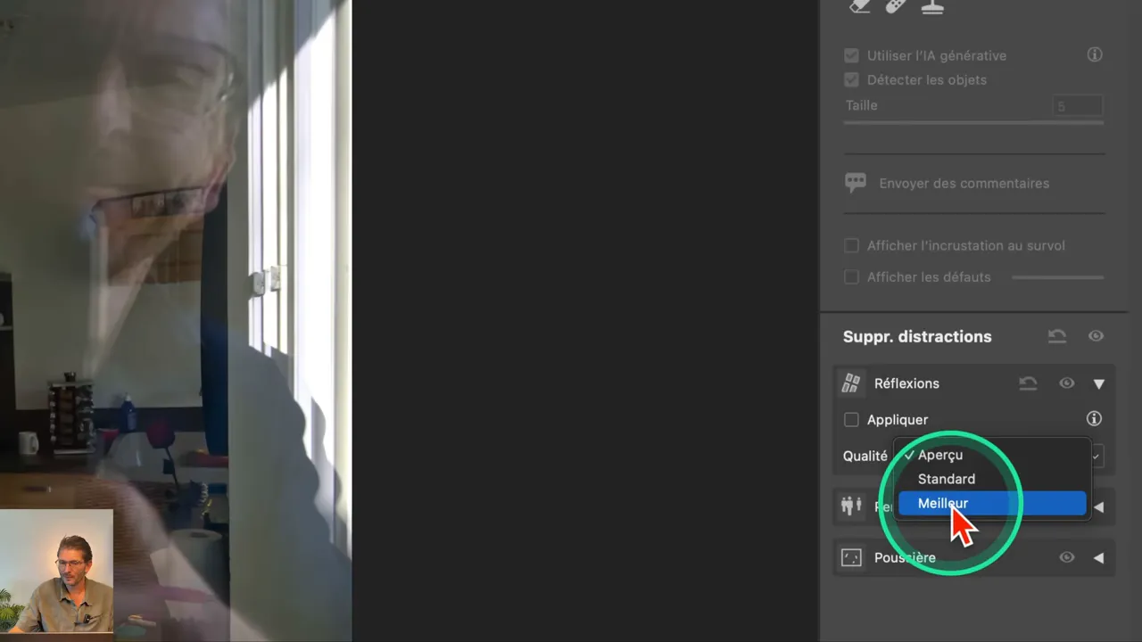 Sélecteur de qualité de suppression des reflets dans Camera Raw, réglé sur Meilleur.