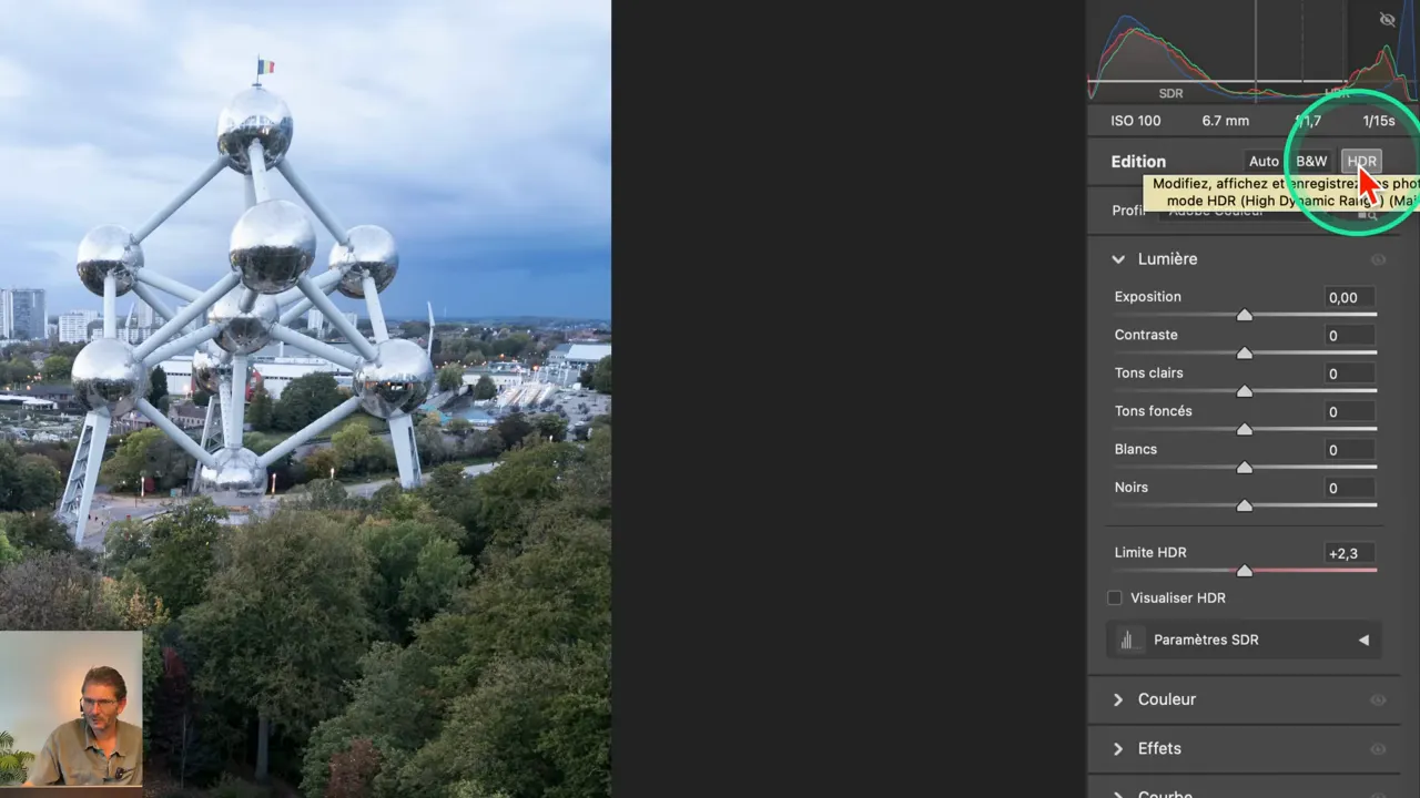 Histogramme HDR affichant des zones SDR et HDR distinctes.