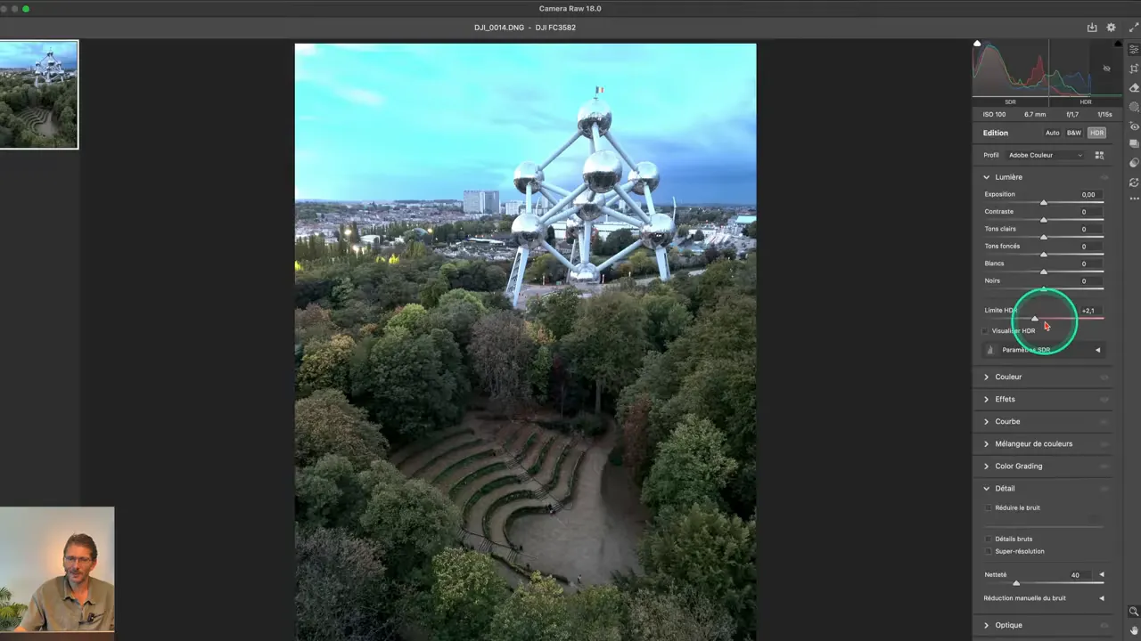 Curseur HDR dans Camera Raw réglé à +2,1.