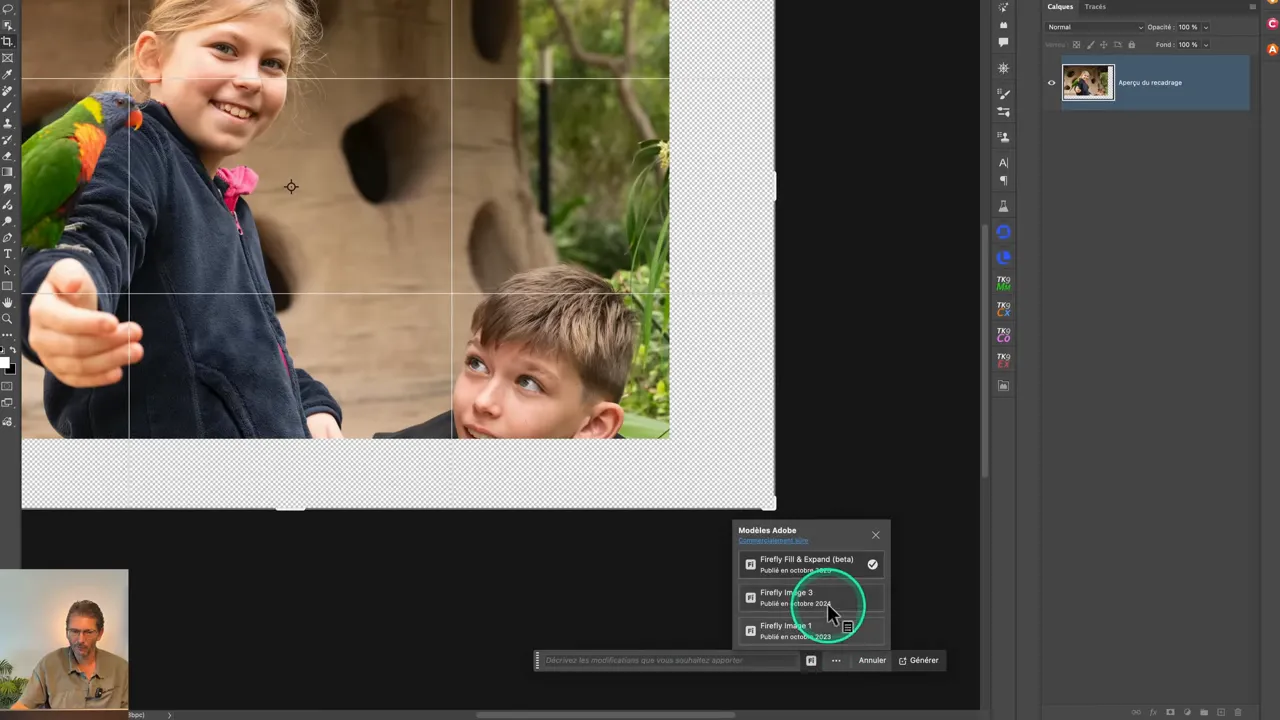 Interface de Photoshop avec le modèle Firefly Fill & Expand sélectionné.
