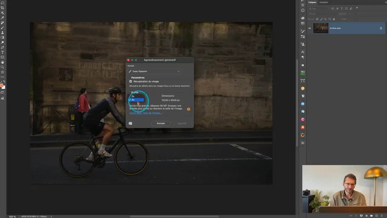 Interface de Topaz Gigapixel avec sélection du facteur d’échelle.