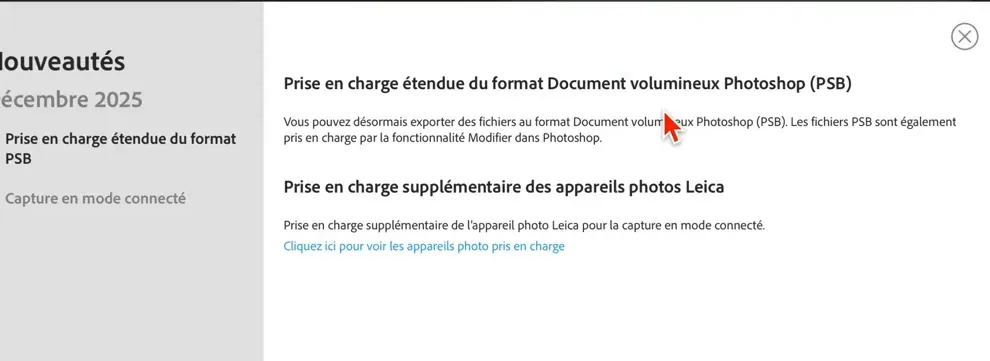 Message de mise à jour annonçant la prise en charge étendue du format PSB dans Lightroom Classic