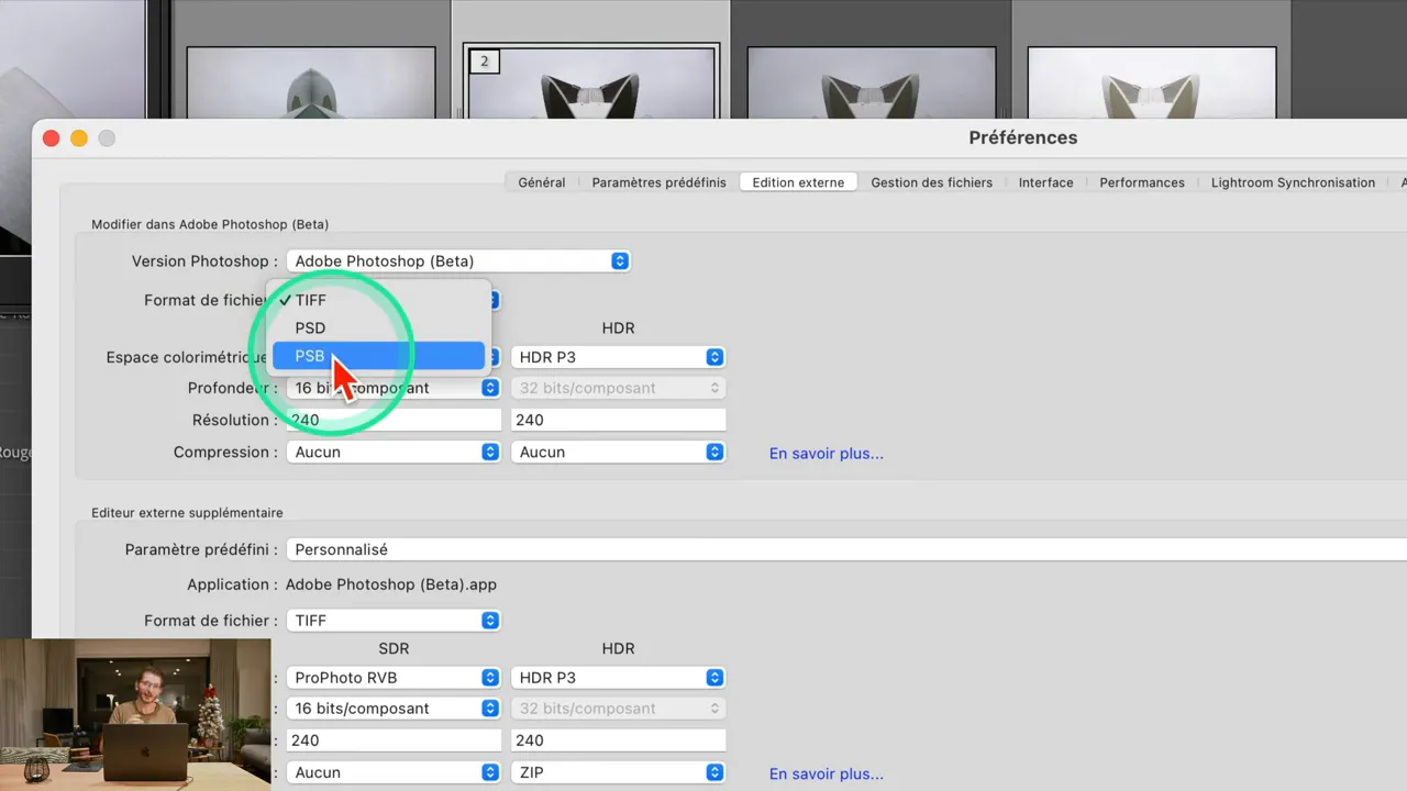 Préférences d’édition externe de Lightroom Classic avec le format PSB sélectionné