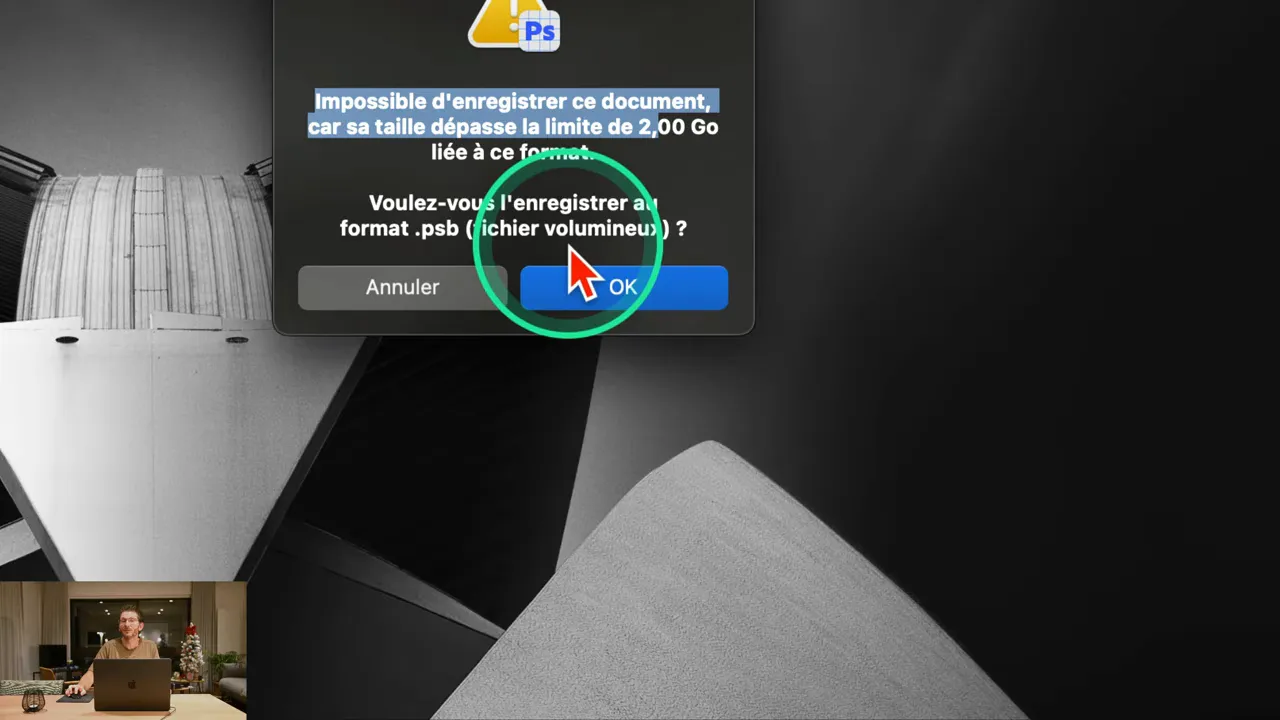 Message d’erreur Photoshop indiquant que le document dépasse la limite de 2 Go du format PSD
