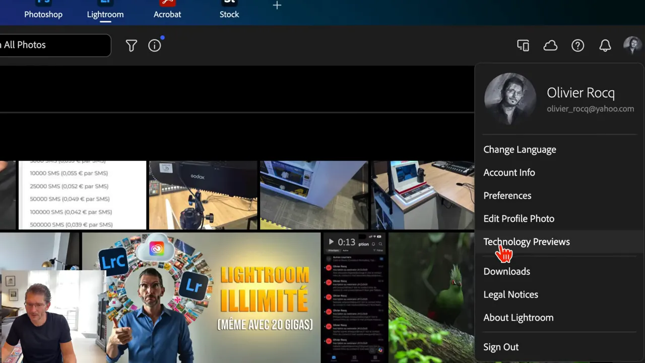 activation des aperçus de technologie lightroom web