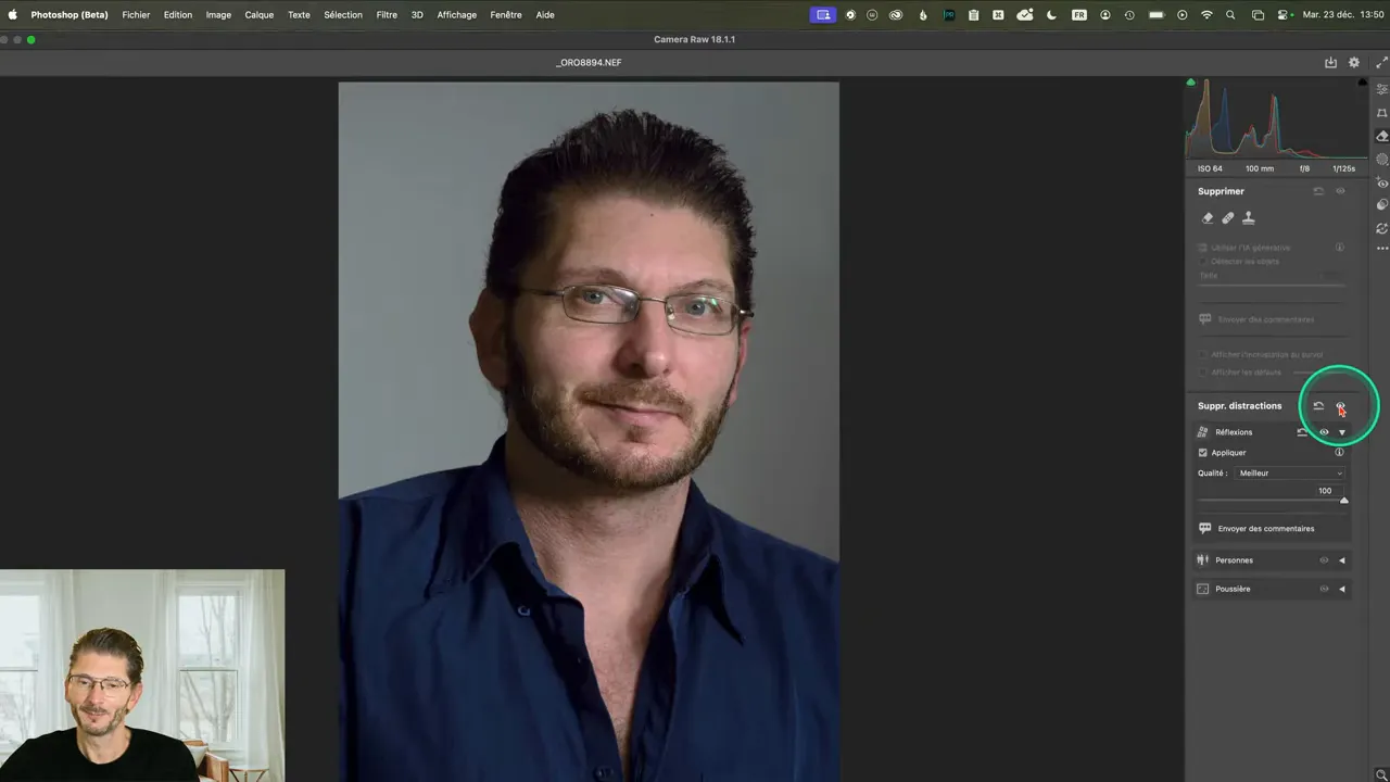 Échec de l’outil suppression des reflets de Camera Raw sur des lunettes